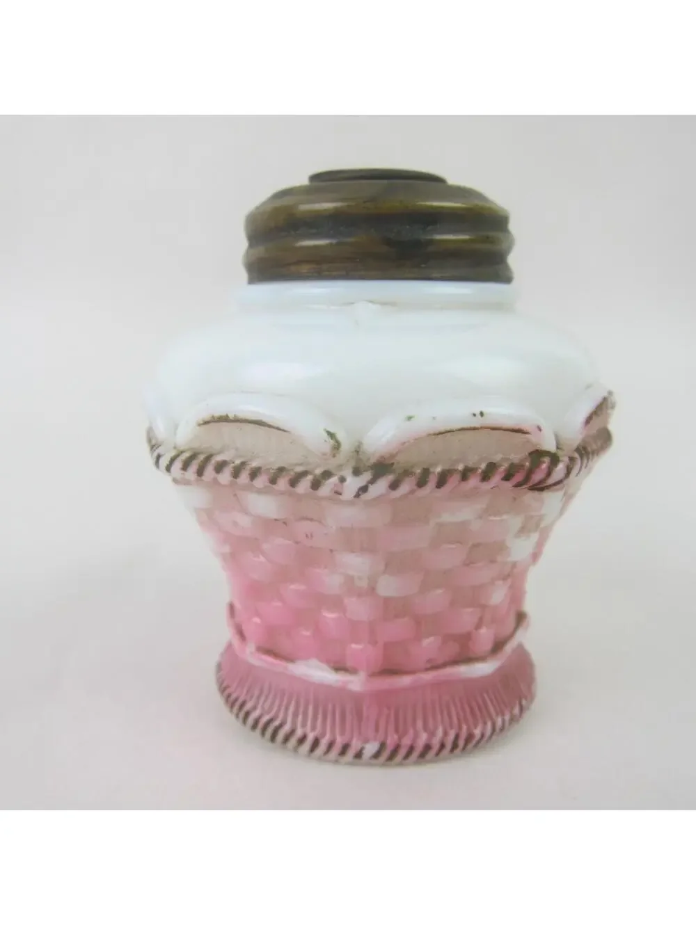 Antique Miniature Oil Lamp Base Pink & White Milk Glass Basket Weave 3
